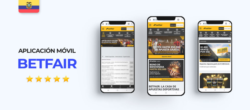 Interfaz de la aplicación móvil de Betfair en Ecuador