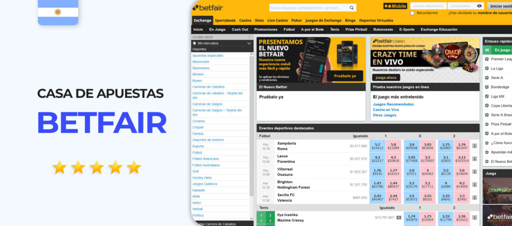 Interfaz del sitio de apuestas betfair en Argentina