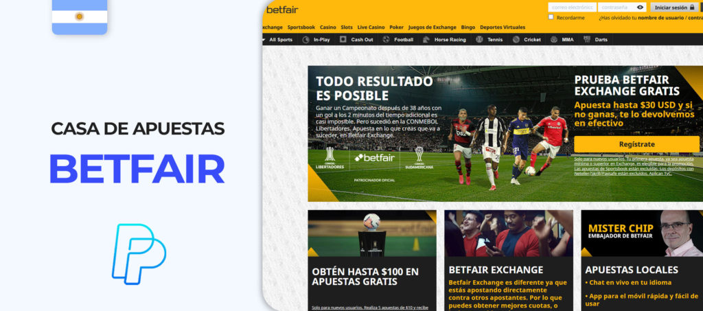 Interfaz del sitio web de apuestas deportivas de Betfair en Argentina