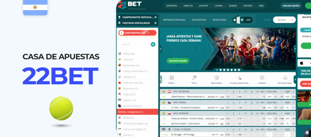 Interface of 22Bet bookmaker website in Argentina