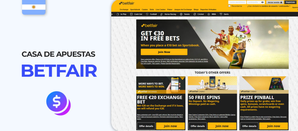 Interface of Betfair bookmaker website in Argentina