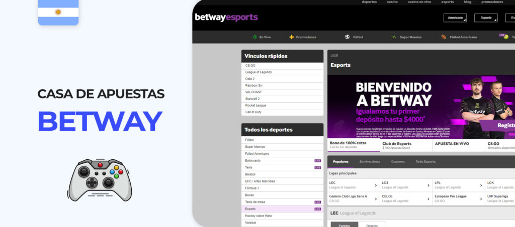 Interface of Betway bookmaker website in Argentina