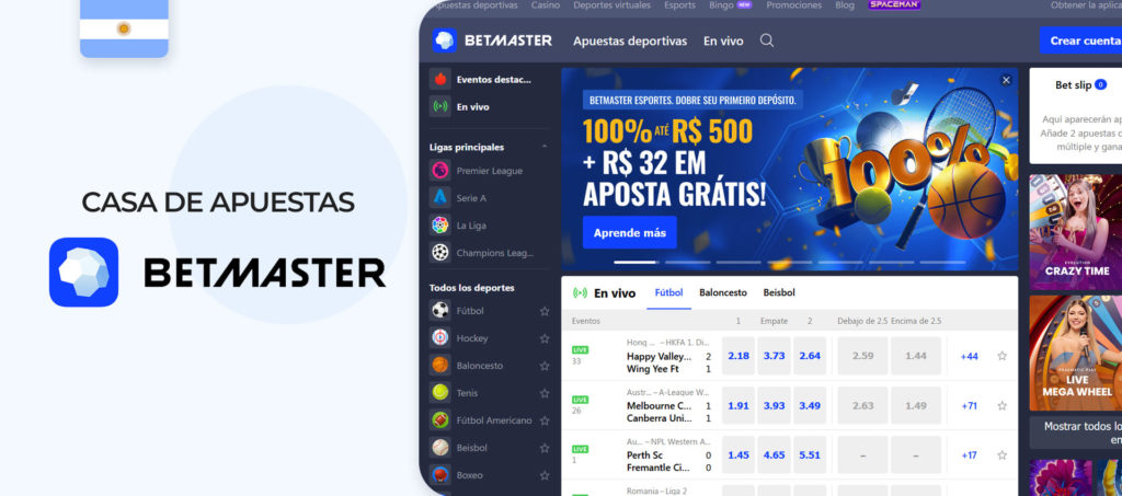 Interfaz del sitio web de la casa de apuestas Betmaster en Argentina