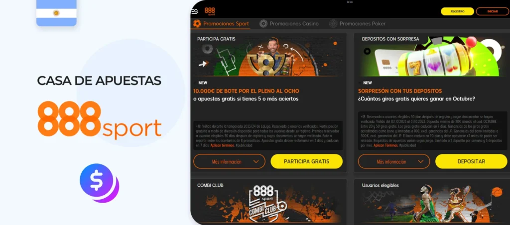 La interfaz de la web de apuestas 888sport en Argentina