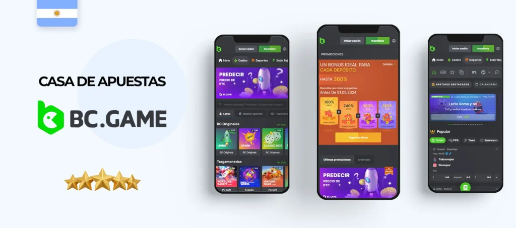 Interfaz de la aplicación móvil BC Game en Argentina