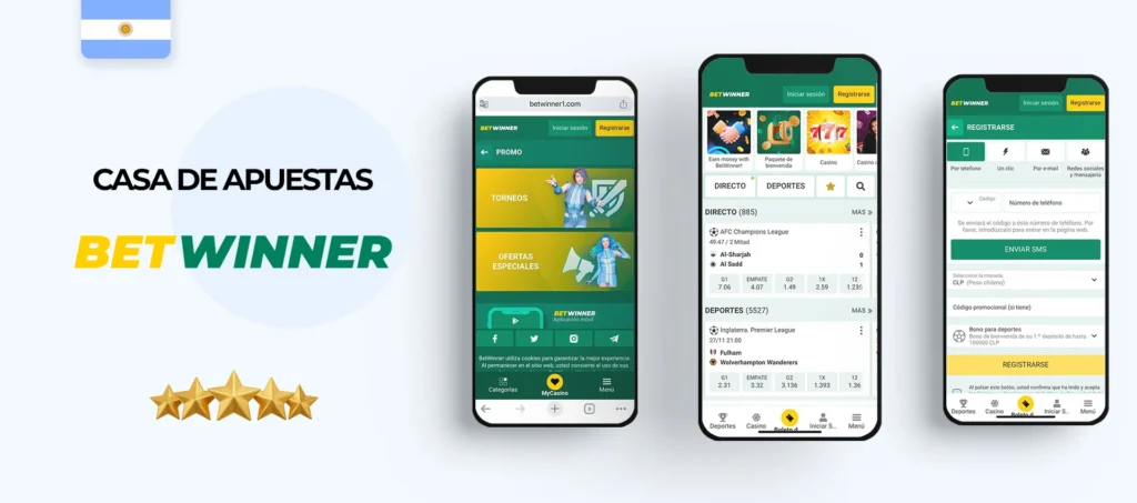 Interfaz de la aplicación móvil Betwinner en Argentina