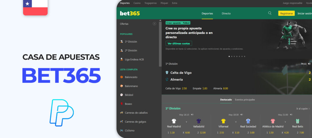 Interfaz del sitio de apuestas Bet365 en Chile