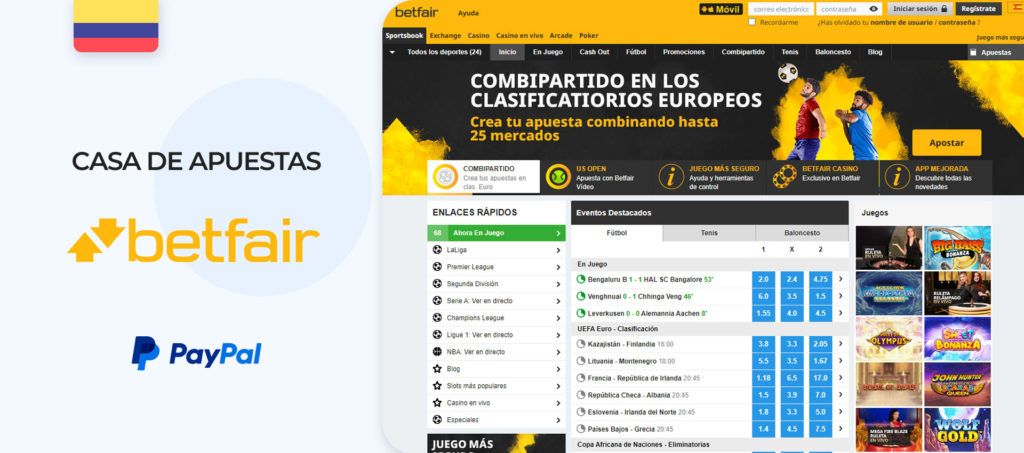 Interfaz del sitio de apuestas Betfair en Colombia