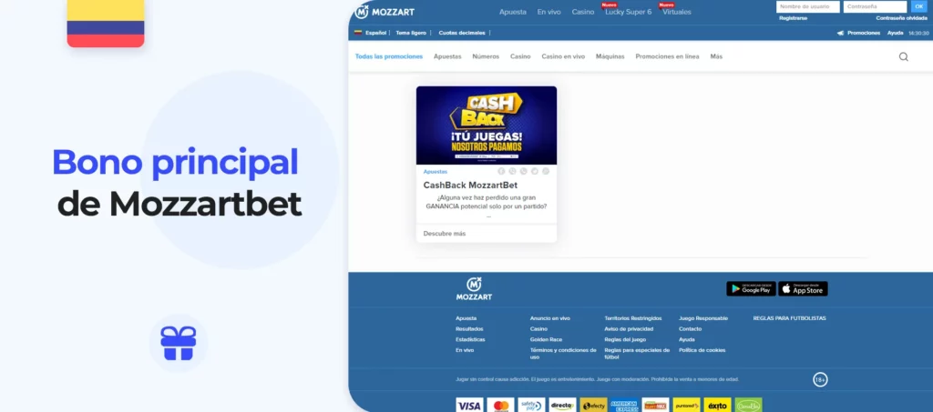 Sección de promociones de Mozzarbet para usuarios nuevos y habituales del sitio