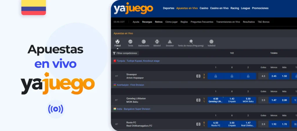 Sección de apuestas en vivo en YaJuego