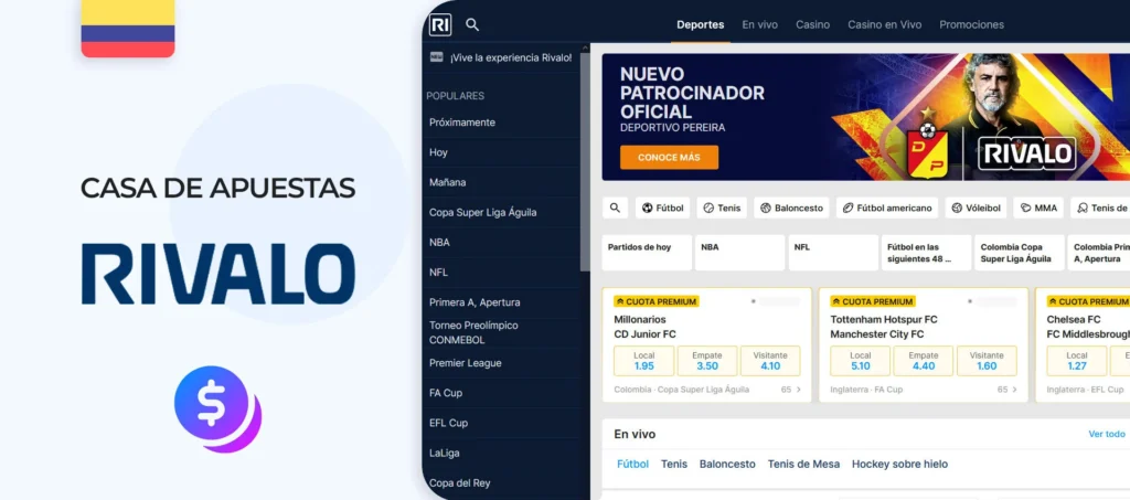 Interfaz del sitio de la casa de apuestas Rivalo en Colombia