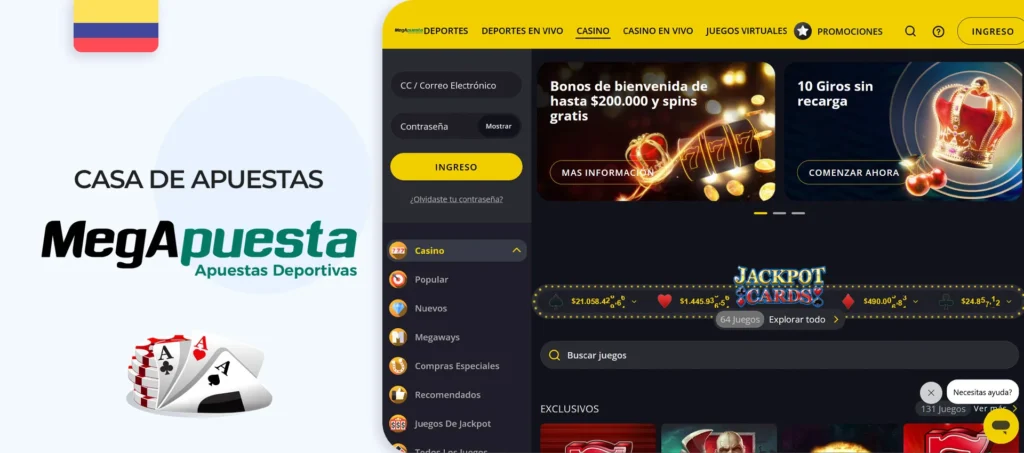 Interfaz del sitio de la casa de apuestas Megapuesta en Colombia