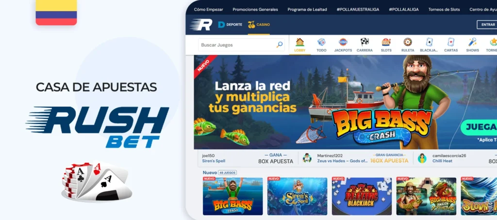 Interfaz del sitio de la casa de apuestas Rushbet en Colombia