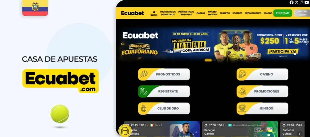 Interfaz del sitio web de la casa de apuestas Ecuabet en Ecuador