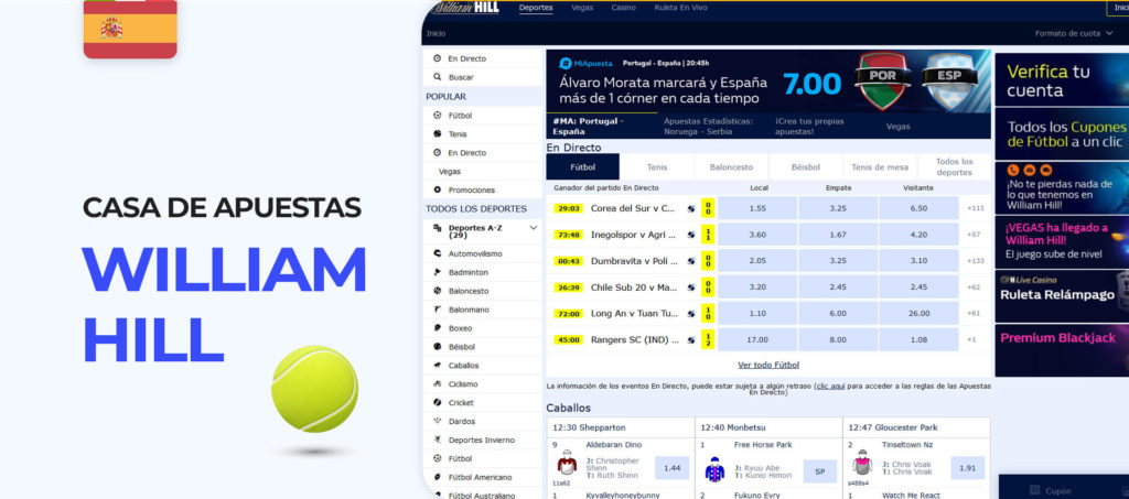 Interfaz del sitio web de apuestas de squash de William Hill España