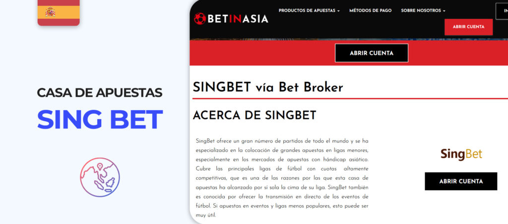 Captura de pantalla de la página web del broker Sing Bet
