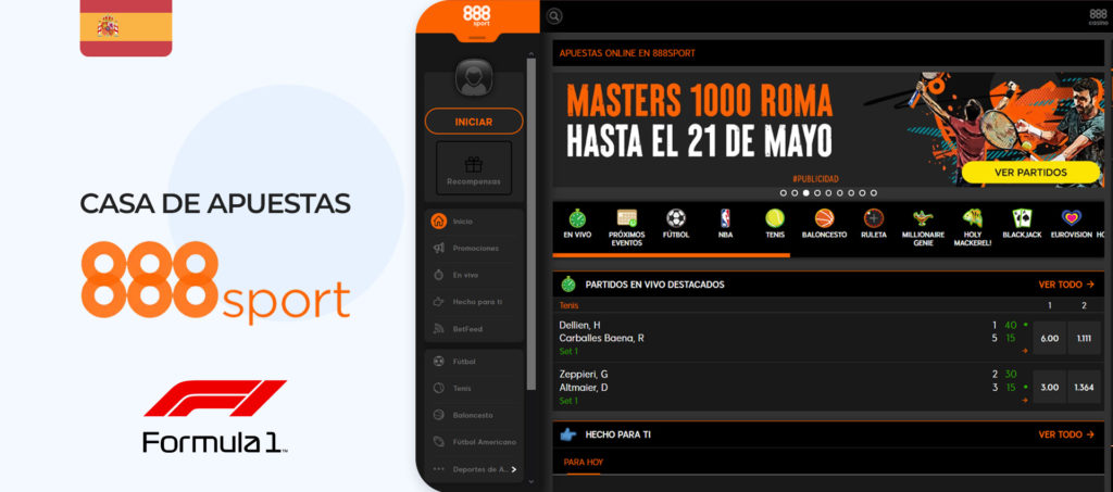 Captura de pantalla de la página oficial de la casa de apuestas 888sport en España