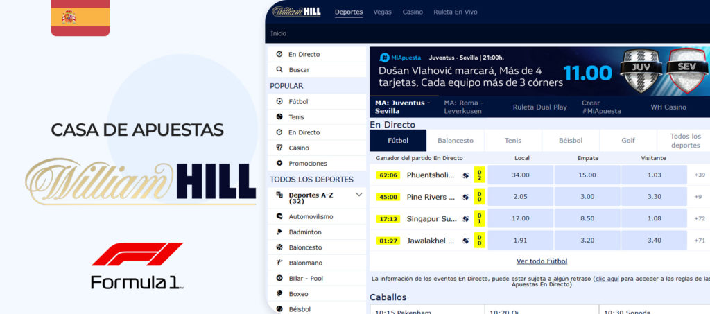 Captura de pantalla de la página oficial de la casa de apuestas William Hill en España