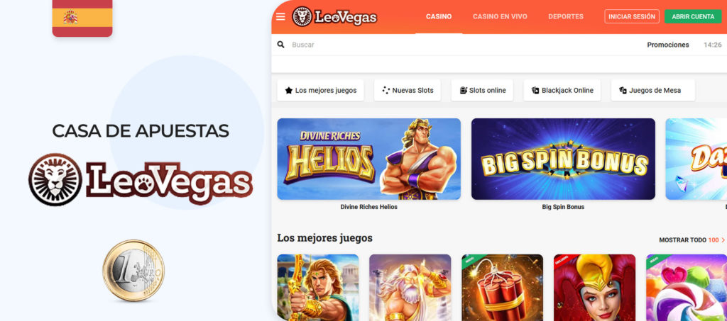 Interfaz del sitio de apuestas deportivas Leovegas en España
