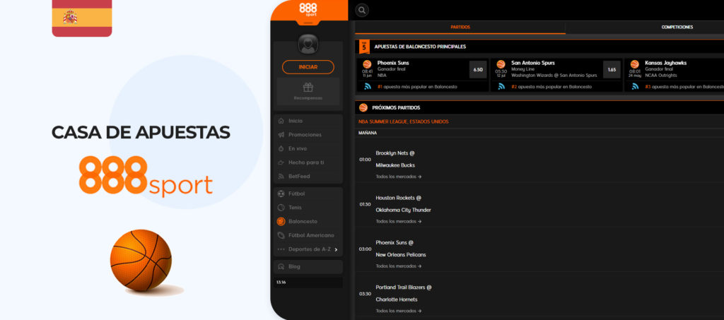 Interfaz del sitio web de apuestas de basket de 888Sport España