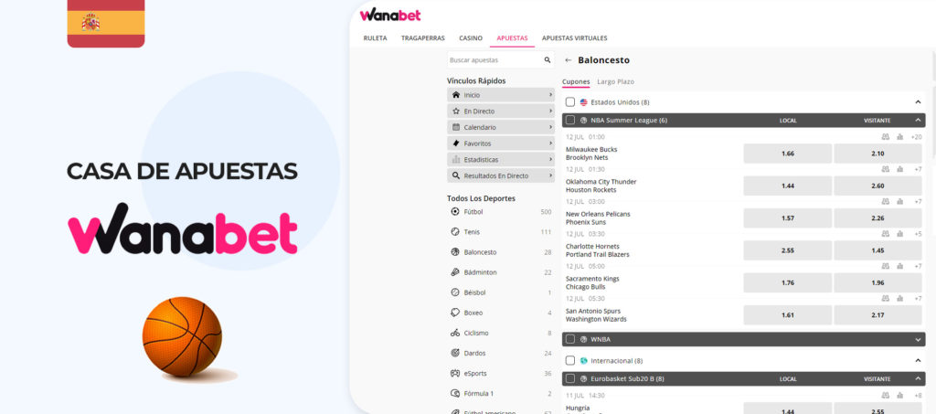 Interfaz del sitio web de apuestas de basket de Wanabet España