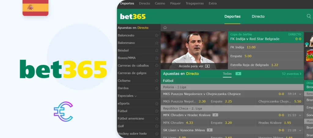 Interfaz de la web oficial de la casa de apuestas Bet365 en España