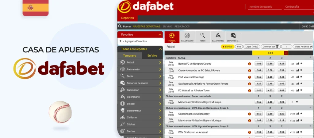 Interfaz del sitio de apuestas de béisbol de Dafabet en España