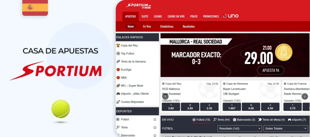 Interfaz del sitio de apuestas de béisbol de Sportium en España