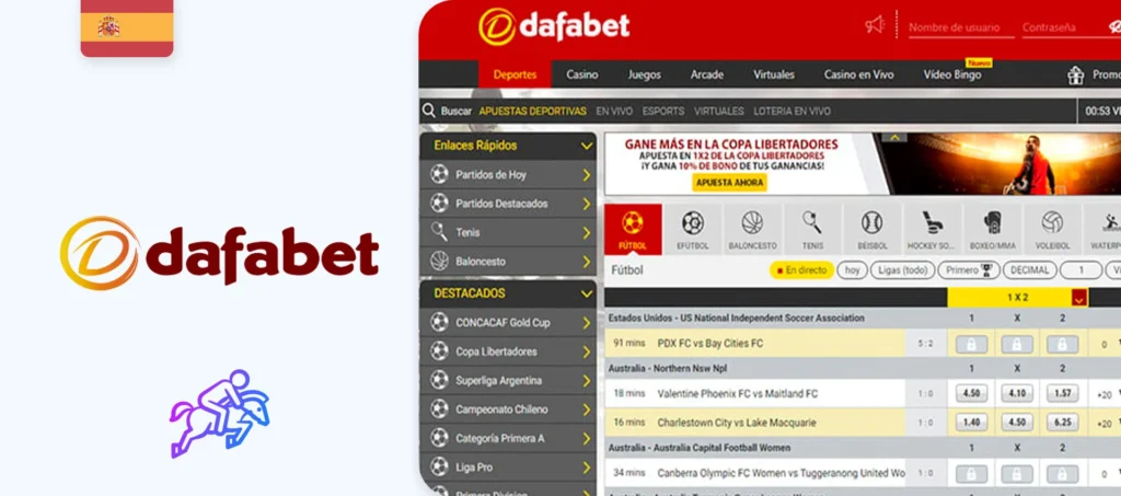Interfaz de la web oficial de la casa de apuestas Dafabet en España