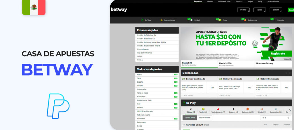 Interfaz del sitio de apuestas Betway en México