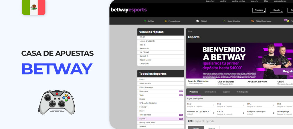 Interfaz del sitio de apuestas Betway en México