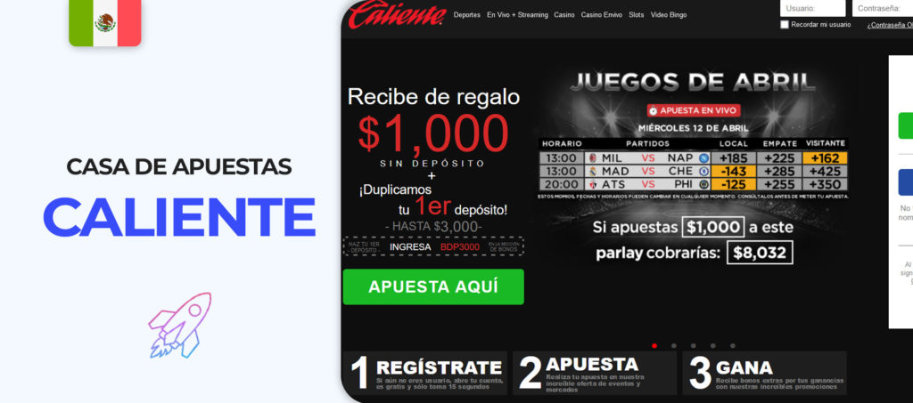 Interfaz del sitio web de la casa de apuestas Caliente en Mexico