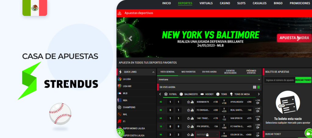 Captura de pantalla de la página oficial de la casa de apuestas Strendus con las opciones de apuestas de béisbol