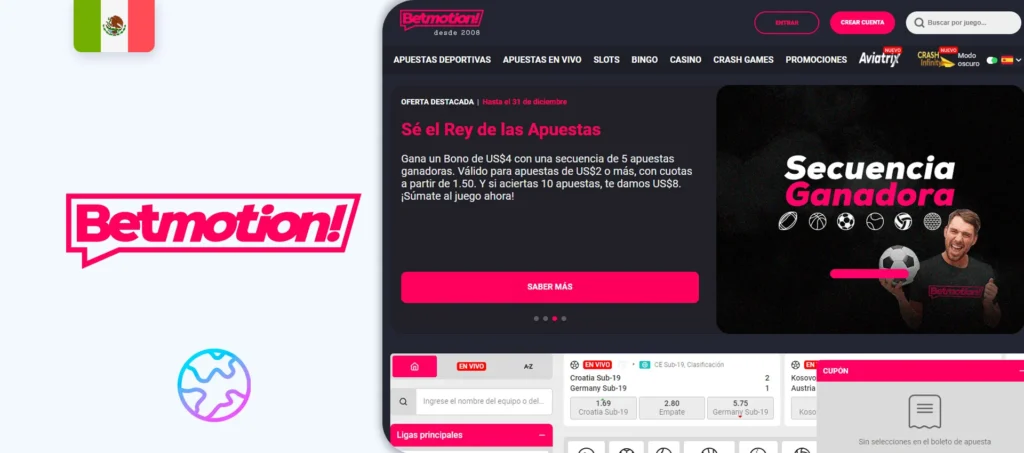 Interfaz de la página oficial de la casa de apuestas Betmotion en México
