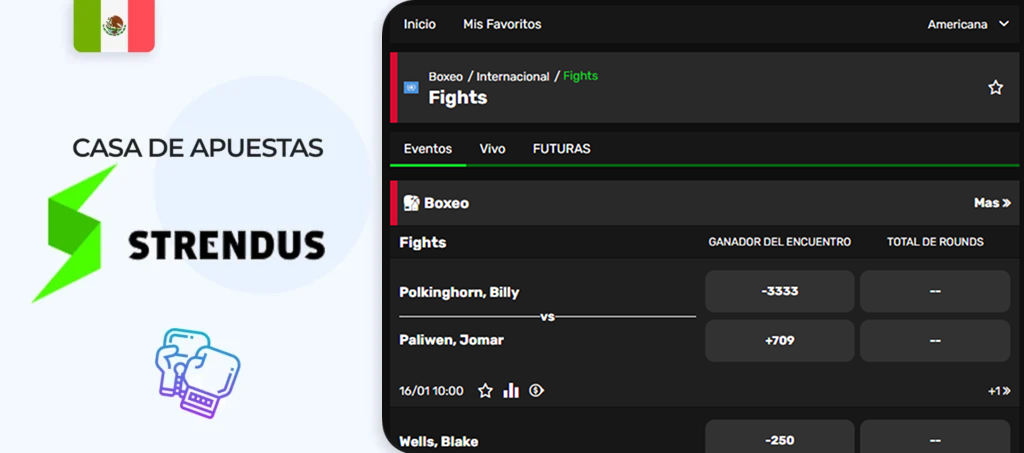 Interfaz del sitio de apuestas de boxeo de Strendus en Mexico