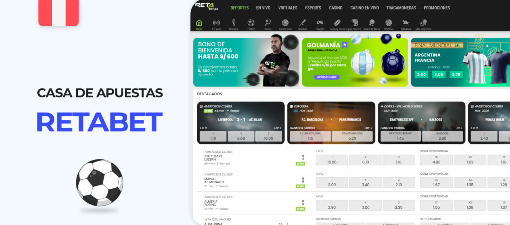 Interfaz de la aplicación móvil de Retabet en Perú