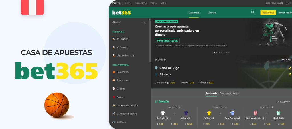 Interfaz del sitio de apuestas Bet365 en Peru
