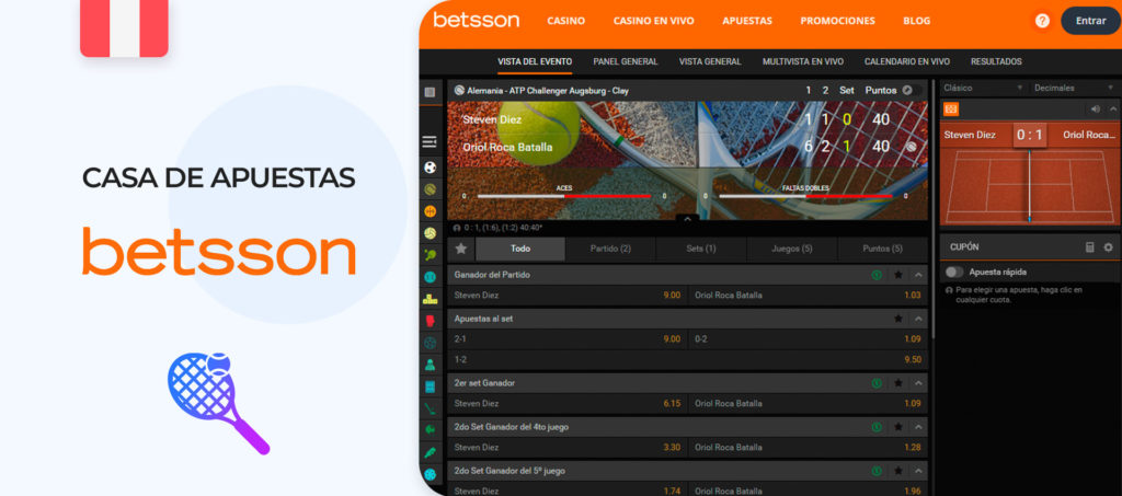 Interfaz de la web oficial de la casa de apuestas Betsson