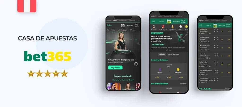Interfaz de la aplicación móvil de Bet365 en Perú