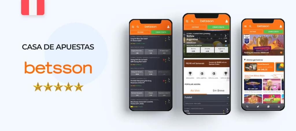 Interfaz de la aplicación móvil de Betsson en Perú