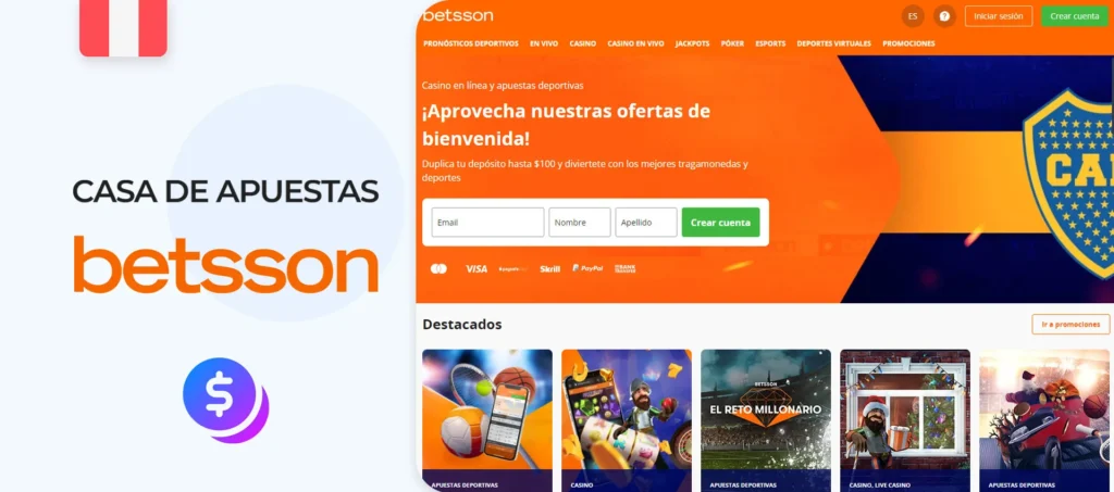 Interfaz de la página oficial de la casa de apuestas Betsson en Perú