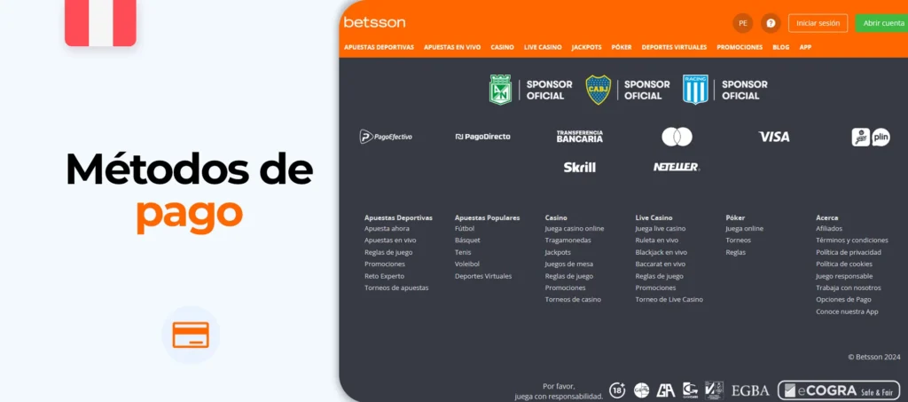 ¿Qué sistemas de pago ofrece Betsson?